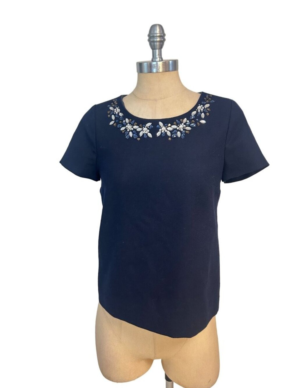 J.Crew Jewel-Neck Top Size 0 Navy Wool Shirt Rhinestones